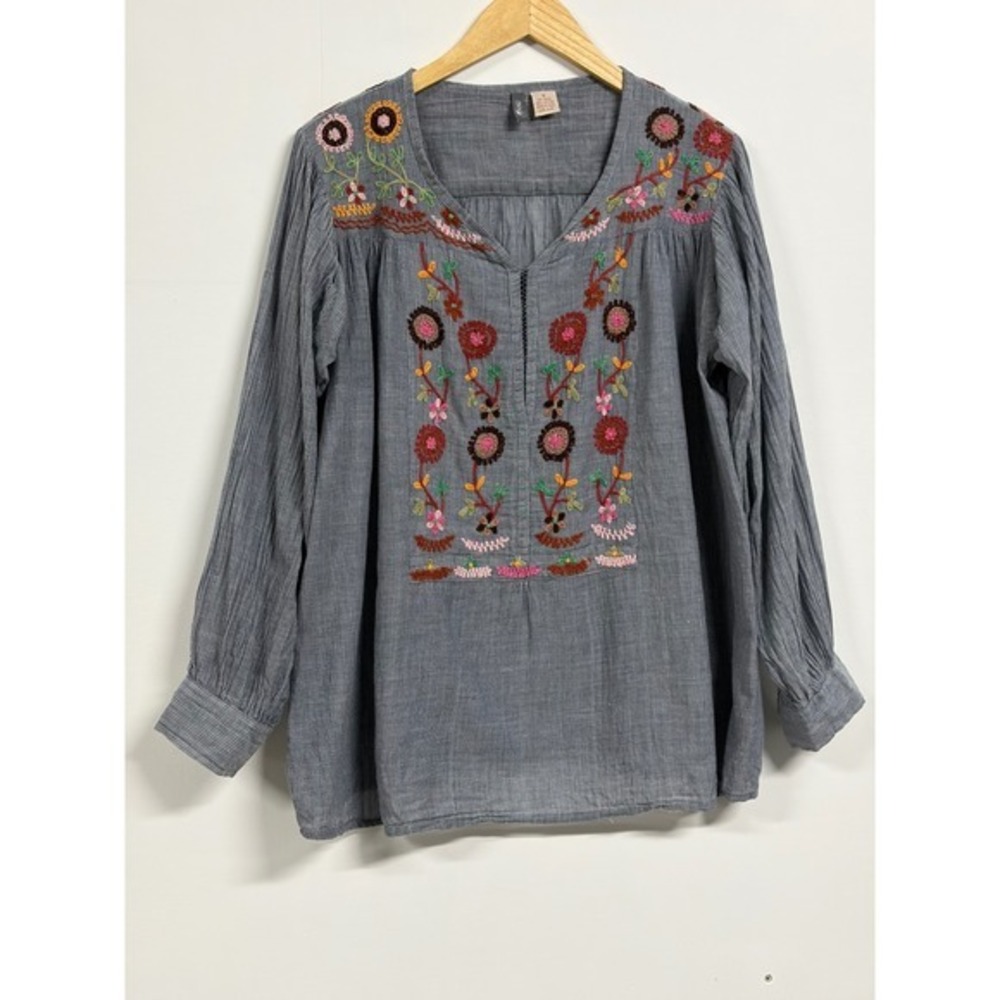 ANU Women Blue White Striped Floral Embroidered Cotton Boho Blouse